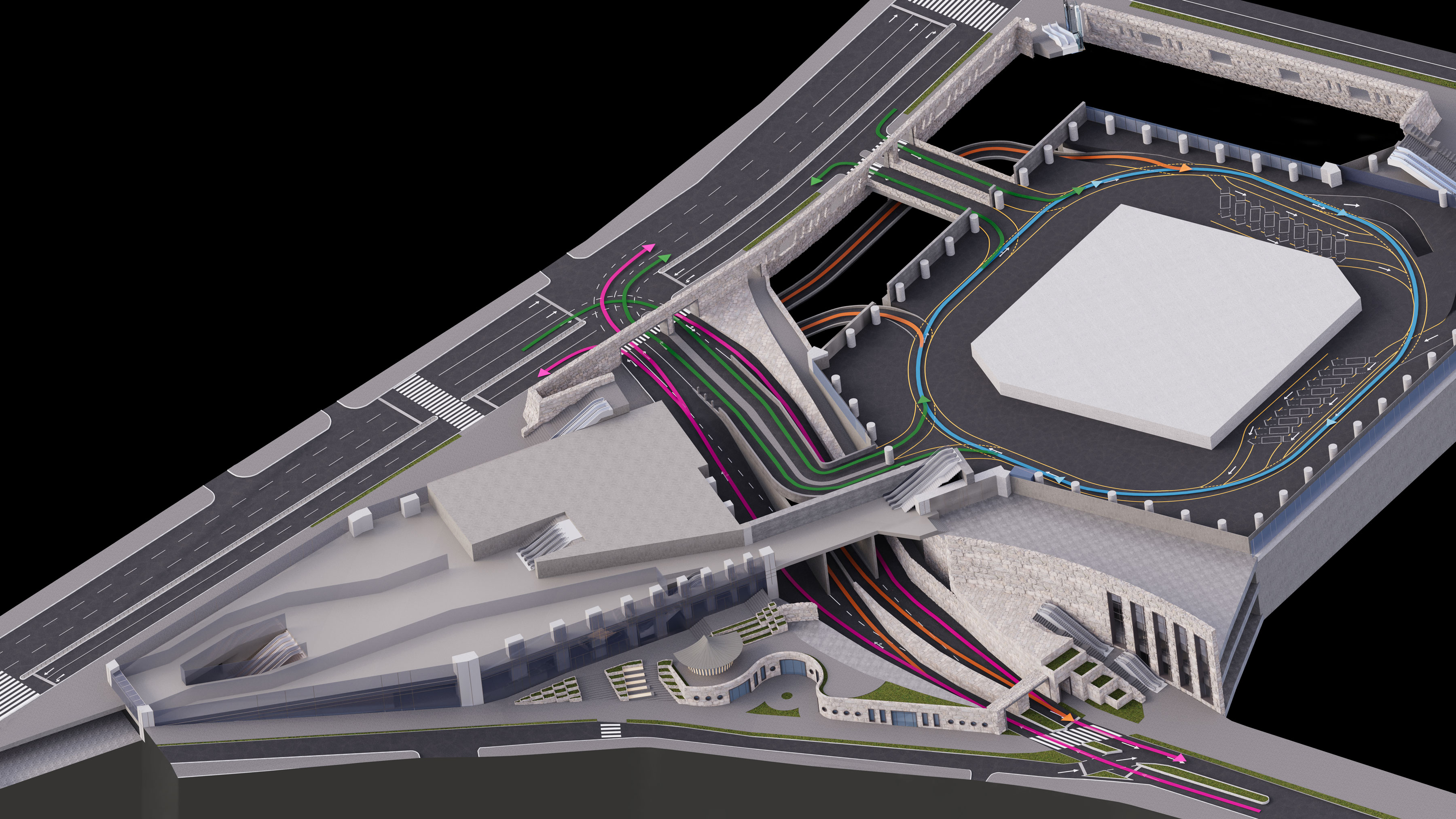 Cutaway view of Izaka Hills' Main Tower and Metro Root buildings, showing the 3D grade-separated pedestrian and vehicle network.