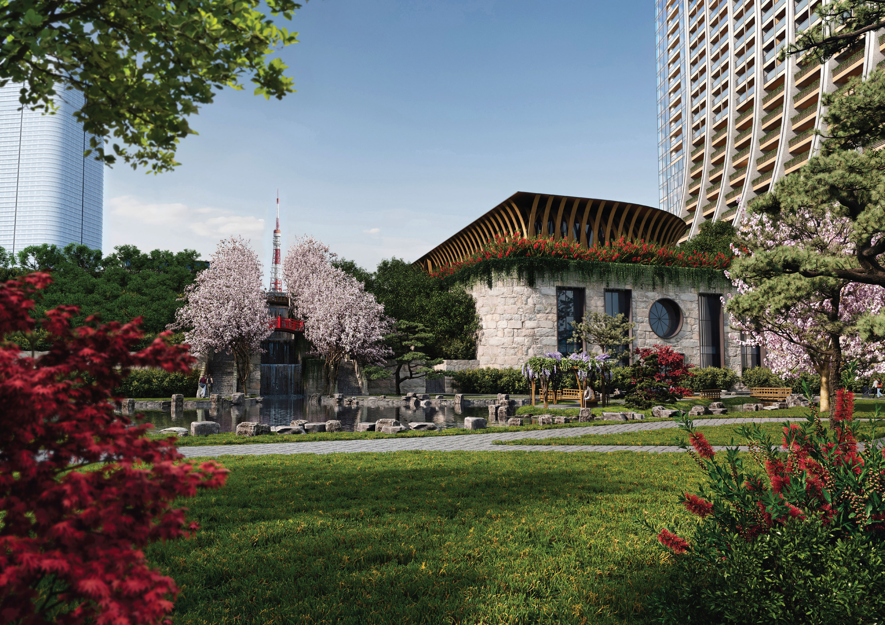 Concentrating the majority of floor area in the towers at either end allows for an expansive garden to extend through the center of the site. Inspired by Wasabi fields in Izu, the tiered garden provides a green oasis in the city center, with separate paths laid to meet the different needs of visitors and residents.