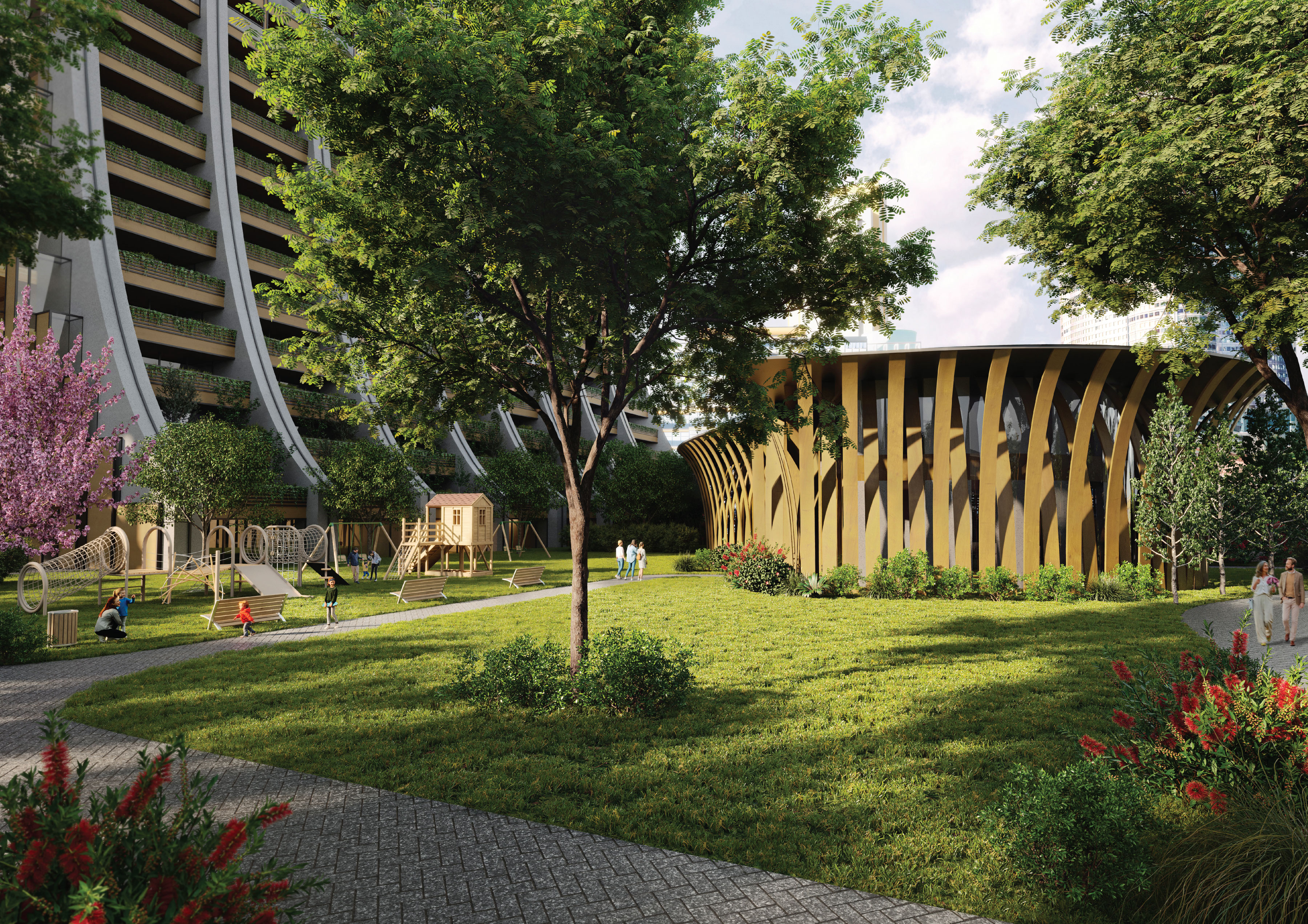 In the residential area, a daycare and preschool open out to a children’s playground nestled between the Residential Tower and the locals’ museum.